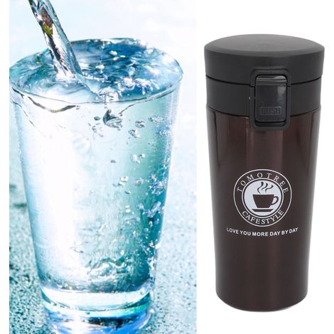 Mug isotherme portable en acier inoxydable à double paroi avec couvercle à ouverture facile, idéal pour le travail, la voiture ou comme cadeau. Couleur café, 380 ml. (1/5)