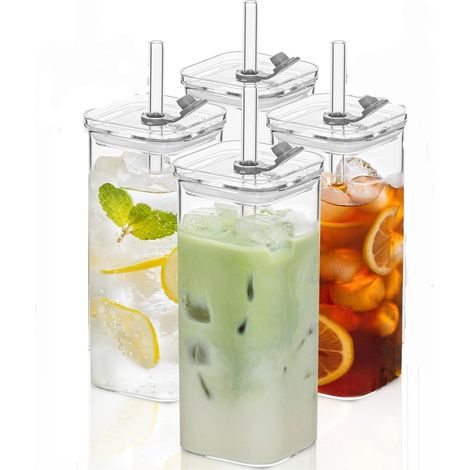 Taza De Café - Vidrio Transparente Cuadrada Con Tapa Y Caña - 400 Ml - Set De 4 Unidades (1/5)