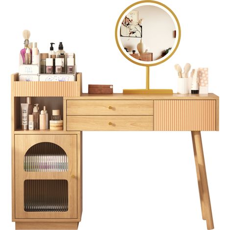 Coiffeuse avec miroir LED 3 couleurs, 3 tiroirs et armoire latérale, meuble maquillage en panneau de particules, bois clair pour chambre, CHICFURN (1/5)