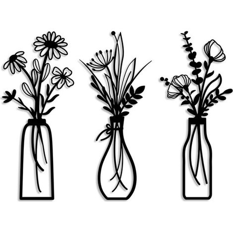 3er-Set florale Wanddekorationen aus Metall moderne schwarze Wanddeko in Form von Blumenvasen minimalistische Wandkunst für Wohnzimmer Küche oder (1/5)