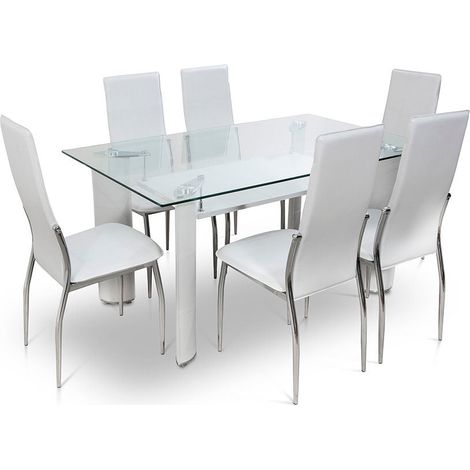 Mesa de Cristal Templado + 6 Sillas en Polipiel/Metal (1/5)