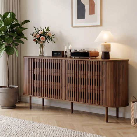 Buffet Noyer avec 6 Tiroirs Cannelés et Pieds Métal - Meuble de Rangement Pratique pour Salon et Entrée - Moderne Chic, 160x40x70 cm