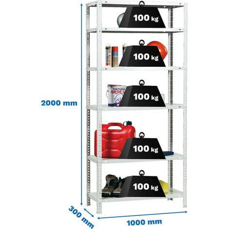 SimonRack Scaffale Portaoggetti, 2000x1000x300 mm, 6 Ripiani, Capacità di Carico e Punto di Flessione 100 kg, Metallo, Scaffale da Garage, Bianco - Comfort