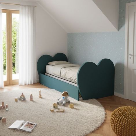 Letto singolo a cuore con secondo letto estraibile - Ideale per camerette - Verde Petrolio
