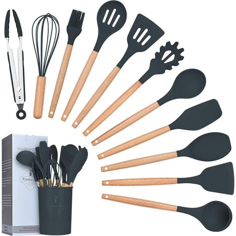 Kit Ustensiles Cuisine - 12 Pièces - Silicone Et Bois - Antiadhésif - Avec Support Rangement - Gris (1/5)
