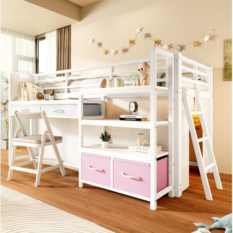 Lit mezzanine enfant 90x200 cm métal blanc avec bureau, gain de place, sans matelas – MEUBLIV (1/5)