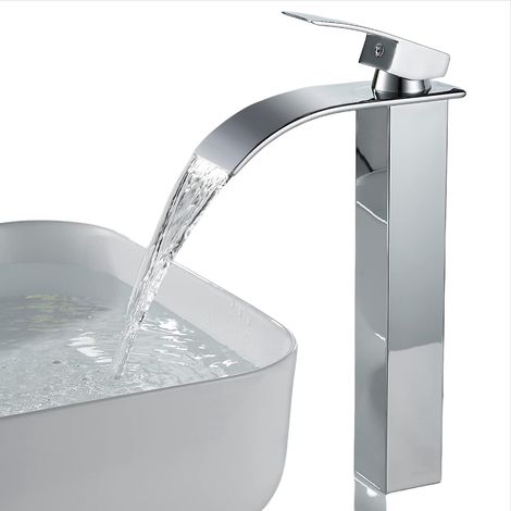 Grand robinet d'évier à cascade moderne avec eau chaude et froide disponible, robinet à cascade chromé,Robinet Cascade Silver Natural Bend - Haut (1/5)