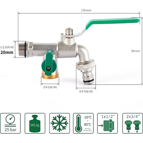 Robinet de jardin extérieur (entrée d'eau DN15), antigel, double commande, en cuivre, pour lave-linge et évier de jardin 1/2 (1/4)
