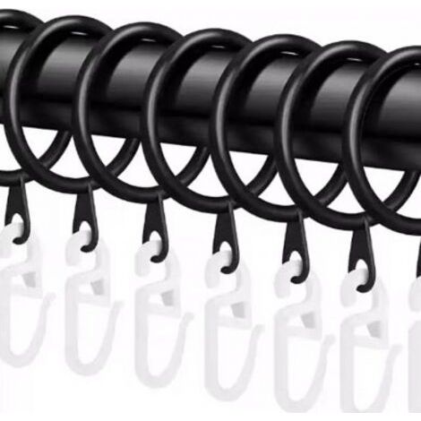 QORVA-Lot de 100 anneaux de rideau ronds en plastique silencieux avec 100 crochets, anneau de tringle à rideau noir de diamètre intérieur 30 mm, adapté à la tringle à rideau de douche de fenêtre
