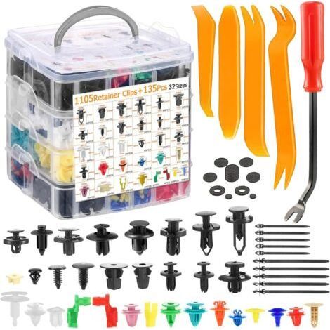1240-teiliges Set Autoclips, 32 Nietclips in verschiedenen Größen, universelle Kunststoff-Befestigungsclips mit Ausbauwerkzeug und Kabelbindern für Autotürverkleidungen und Stoßstangen (1/5)