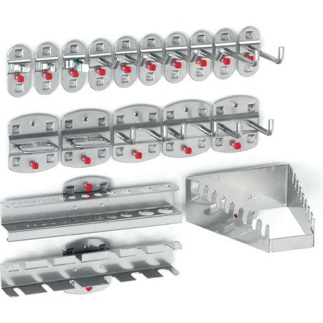 Set di utensili con 18 pezzi: 7 ganci, 3 doppi ganci e 3 supporti vari.
