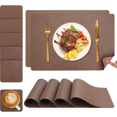Tischsets und Untersetzer, Tischsets 6er-Set, waschbar, doppelseitig, zweifarbiges Leder, rutschfeste Tischsets, leicht zu reinigen (Dunkelbraun, 6er-Set)