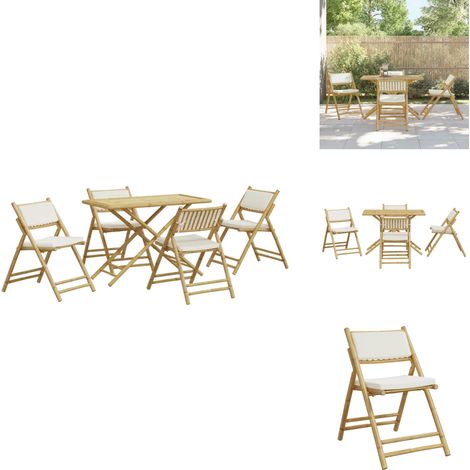 Ensemble de bistro pliante 5 pcs et coussins blanc crème bambou - Meubles De Jardin - Salon De Jardin - Mobilier Extérieur - Set De Bistro - Ensemble De Table Et Chaises (1/5)