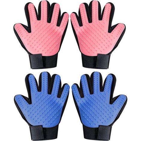 AMXCNOY 2 Paar Katzenpflegehandschuhe, Bürstenhandschuhe für Haustiere, Pflegehandschuhe für Links- und Rechtshänder, geeignet für kurzes und langes Fell, Hellblau/Rot - 4 Stück (1/4)