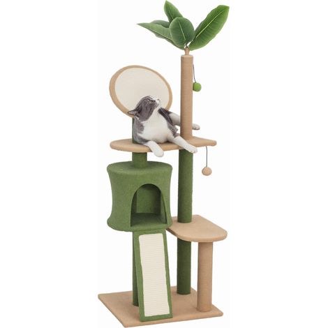 Arbre à chat, 139 cm, avec grotte, balles de jeu, griffoirs et plateformes en sisal, pour deux chats, vert (1/5)