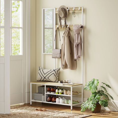 Garderobenständer mit Spiegel, 3 Ablagen, Sitzbank, 10 verstellbaren Haken, modernes Design für den Flur, 98 x 34 x 186 cm, Natur