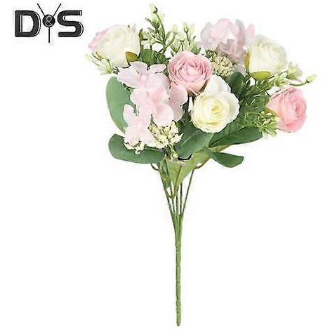Bouquet exquis de fleurs artificielles à feuilles vertes, sans arrosage, avec roses simulées.rose, blanc (1/5)