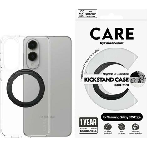 Étui transparent Care by PanzerGlass avec béquille noire et connexion QI pour Samsung Galaxy S25 Edge (1/4)