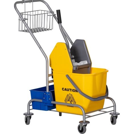 Chariot de nettoyage professionnel 25 L avec seau, panier suspendu, étagère intégrée, 4 roues et poignée ergonomique, bleu, pour hôtels et écoles CHICFURN (1/5)