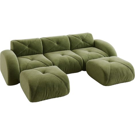 Sofá modular en U de 3 plazas en chenilla verde con 2 taburetes HOMVRA (1/5)