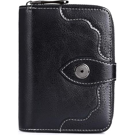 Petit portefeuille à deux volets en cuir pour femme avec blocage RFID (noir) (1/2)