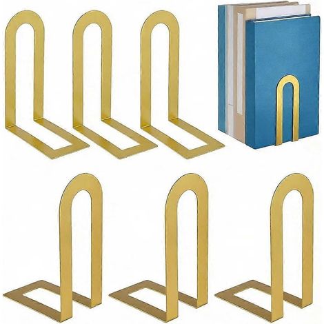 Serre-livres en métal doré, lot de 6 supports de livres robustes en forme de U, butées de livres décoratives et résistantes, supports de livres peu encombrants (1/5)