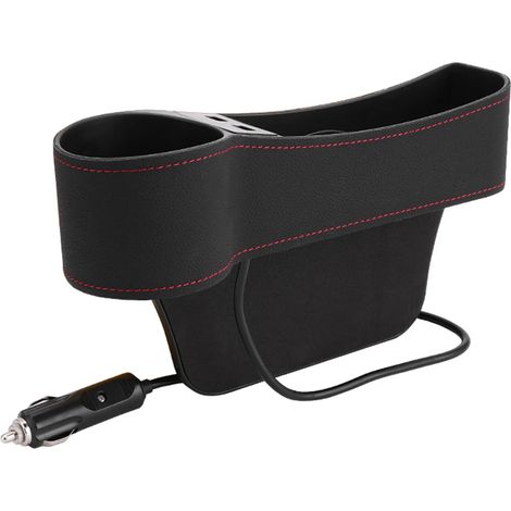 (Noir, pour conduite à gauche) Organisateur universel pour siège auto avec compartiment de rangement latéral, double chargeur USB, porte-gobelet et rangement pour console centrale. (1/5)