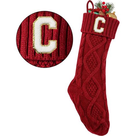 Chaussette De Noël - Tricotée Acrylique - Brodée Initiale - Pour Cheminée - 45 Cm - 1 Pièce (1/5)