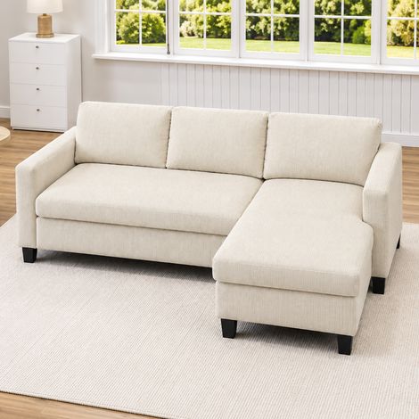 HOMCOM sofá chaise longue, sofá de 3 plazas en forma de L, tapizado en pana, asiento y respaldo acolchados, 214x134x87 cm, beige