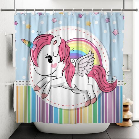 175x178cm Mignon Dessin Animé Licorne Rideau de Douche Arc en Ciel Fantaisie Baby Animal Étoile Coloré Rayures Baignoire Étanche pour Salle de Bain avec Crochets (1/5)