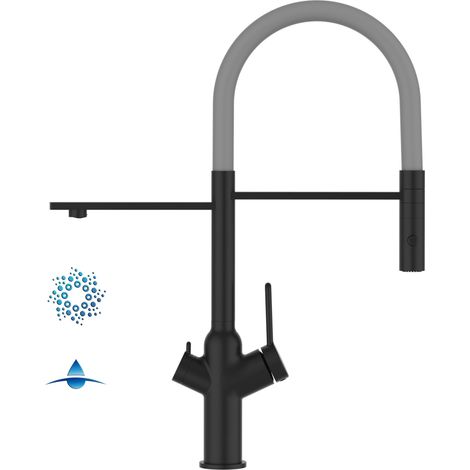 Rubinetto 4 vie miscelatore cucina Nero Opaco con canale separato per acqua filtrata, canna grigia movibile e doccia due getti staccabile - serie BOD
