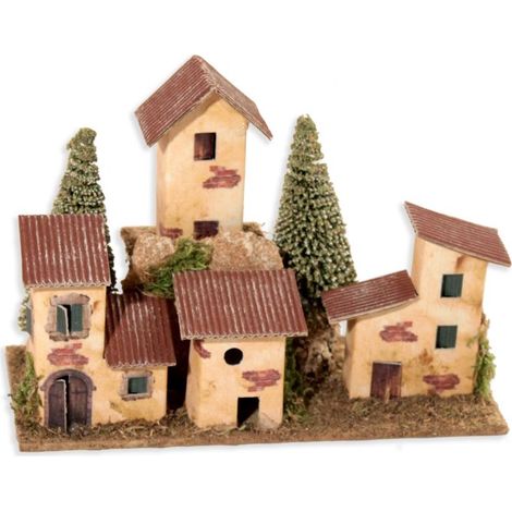 GRUPPO CASETTE A SCHIERA CON PINETTI PER PRESEPE O MODELLISMO