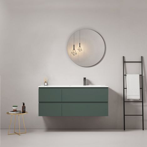 Mobile bagno sospeso 120 cm Verde Comodoro Lavabo a Destra in Ceramica Specchio Tondo - Fiji Paint (1/5)