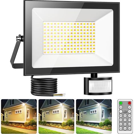 100W Projecteur LED Exterieur Detecteur de Mouvement, 10000LM Spot LED Extérieur avec 3 Couleurs Réglables, Étanchéité IP65 Lampe Sécurité avec Télécommande pour Garage, Entrepôt, Cour, Rues (1/5)