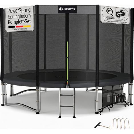 Juskys Trampolin JumpMaster XL Ø 366 cm – Outdoor Gartentrampolin mit Sicherheitsnetz, Leiter & Bodenankern, PowerSpring Sprungfeder, bis 150 kg