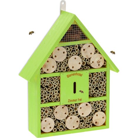Relaxdays Bienenhotel, Nisthilfe Wildbienen, Garten, Balkon, Insektenhotel zum Aufhängen, Holz, HBT 38 x 29 x 9 cm, grün (1/5)