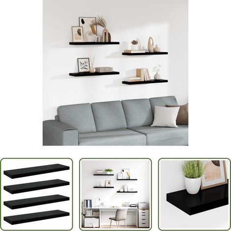 Étagère décorative - Étagère murale flottante 4 pcs Noir brillant 80x23,5x3,8 cm MDF (1/5)