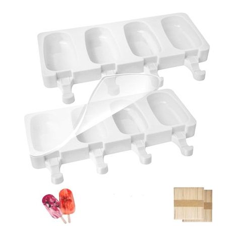Juego de 2 moldes de silicona para helado, molde para pasteles con tapa de silicona, 100 palitos de madera para helado, sin BPA, blanco (1/5)