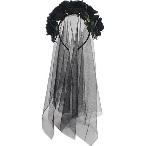 Fascia gotica per capelli - Velo lungo nero con fiori neri - Accessori per costumi - Accessori per capelli da festa (1/4)