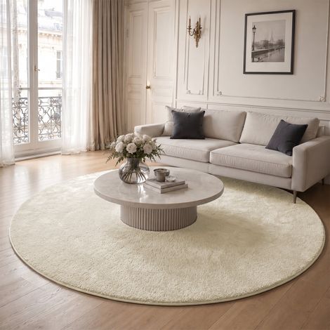 Tapis de salon poils ras doux antiderapant ф200cm uni beige (1/5)