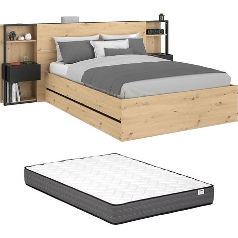 Lit coffre 160 x 200 cm avec chevets - Coloris : Naturel et noir + Matelas - LUDARO (1/4)