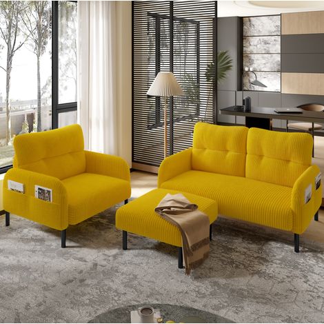 Ensemble salon 3 pièces canapé 120x75x79 cm jaune en velours côtelé avec fauteuil, pouf et poche latérale (1/5)
