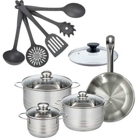 Set poêle 24 cm en inox et couvercle, 3 faitouts inox 16, 20 et 24 cm et 5 ustensiles Fackelmann Eterna (1/5)