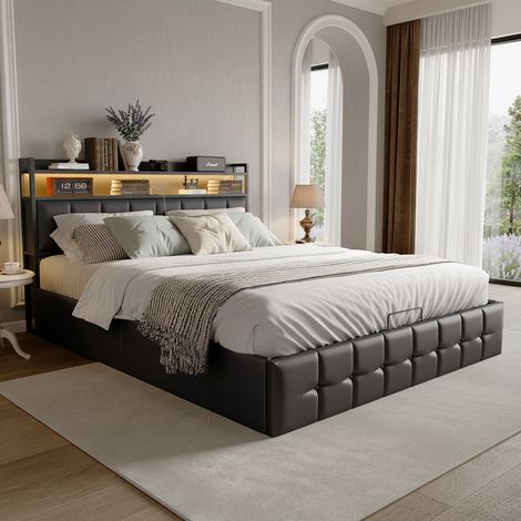 Letto matrimoniale 140x190, letto contenitore idraulico, LED e porte USB, letto imbottito, stile moderno, nero (1/5)