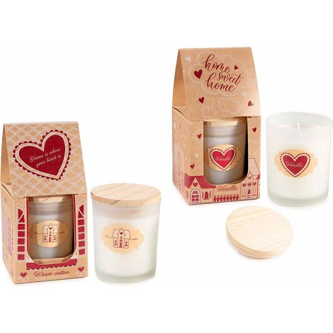 Bougies parfumées en pot de verre, couvercle en bois et coffret maisonnette, lot de 4, diam. 7 x H. 9 cm