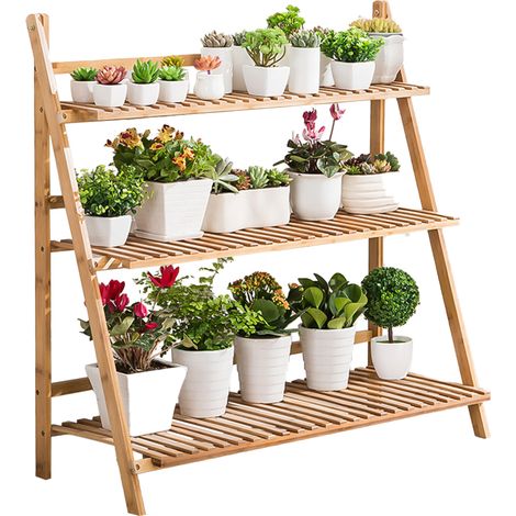 Unho – Porte plantes en bambou pliable 100 cm – Étagère à fleurs 3 niveaux – Capacité 42 kg – Pour intérieur et extérieur