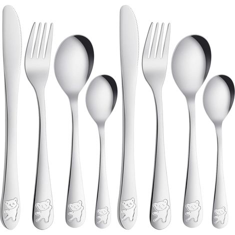 8PCS Couvert Inox, 2 x Fourchettes, 2 x Couteaux, 4 x Cuillères Ensemble de couverts de table avec Motif Ours Mignon, Couverts pour Maison Restaurant École (1/5)