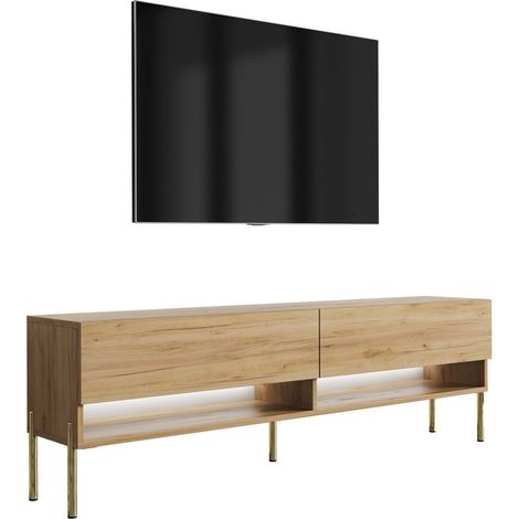 Meuble TV : Chêne Craft, pieds droits dorés, LED blanche, 170 × 32 × 52 cm (1/5)