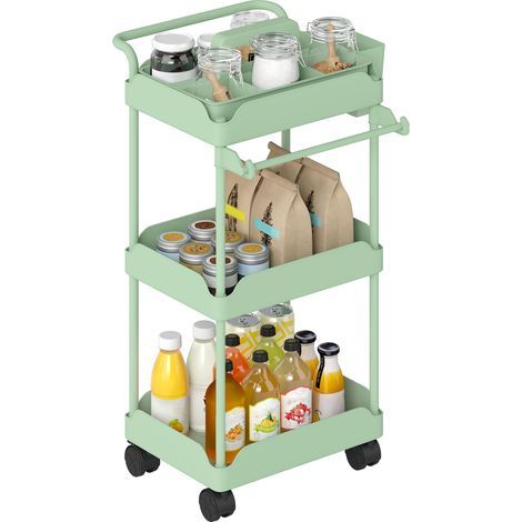 Chariot utilitaire à 3 niveaux, chariot de cuisine avec paniers amovibles et porte-serviettes, vert (1/5)