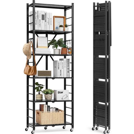 Étagère Pliante Mobile, 6 Niveaux, Étagère Pliante à roulettes, 61x30x183 cm, Métal Robuste, Charge Statique 340 kg Dynamique 90,7 kg, Meuble de Rangement pour Garage, Cuisine, sous-Sol, Noir (1/5)